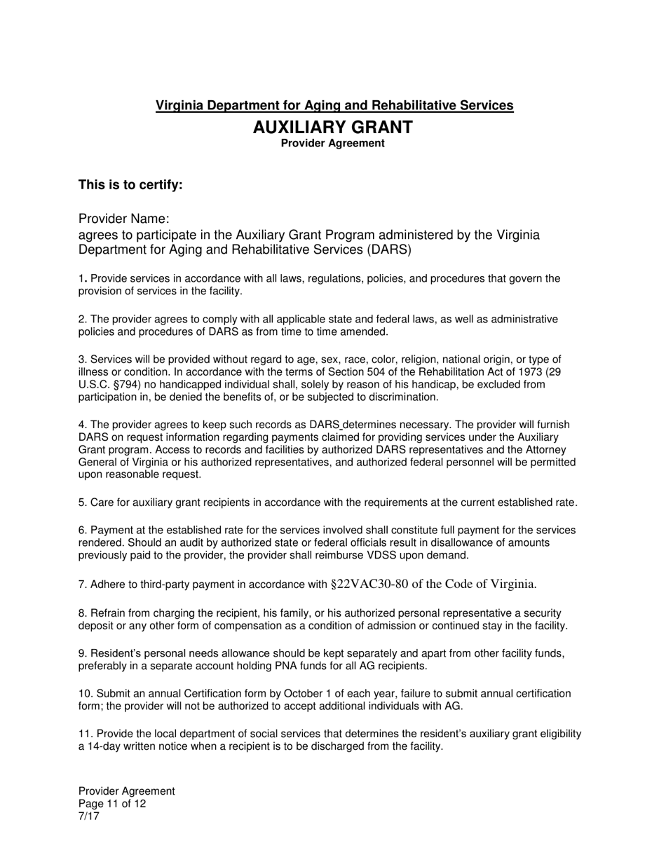 Auxiliary Grant Provider Agreement - Virginia, Page 11