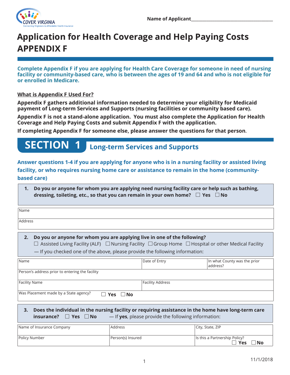 Appendix F Application for Health Coverage and Help Paying Costs - Virginia, Page 1