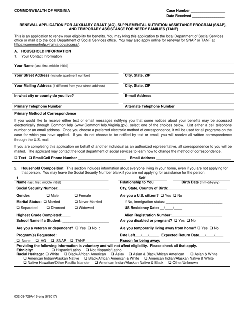 Form 032-03-729A-16-ENG Renewal Application for Auxiliary Grant (Ag), Supplemental Nutrition Assistance Program (Snap), and Temporary Assistance for Needy Families (TANF) - Virginia
