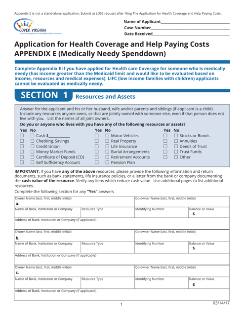 Appendix E Application for Health Coverage and Help Paying Costs (Medically Needy Spenddown) - Virginia