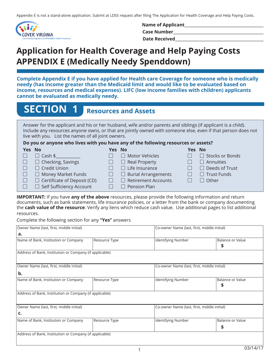 Appendix E Application for Health Coverage and Help Paying Costs (Medically Needy Spenddown) - Virginia, Page 1