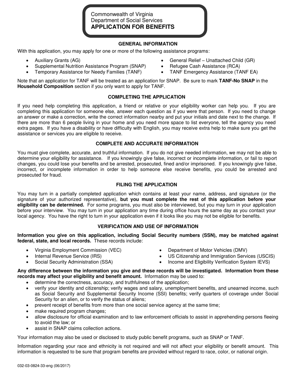 Form 032-03-0824-33 Application for Benefits - Virginia, Page 1