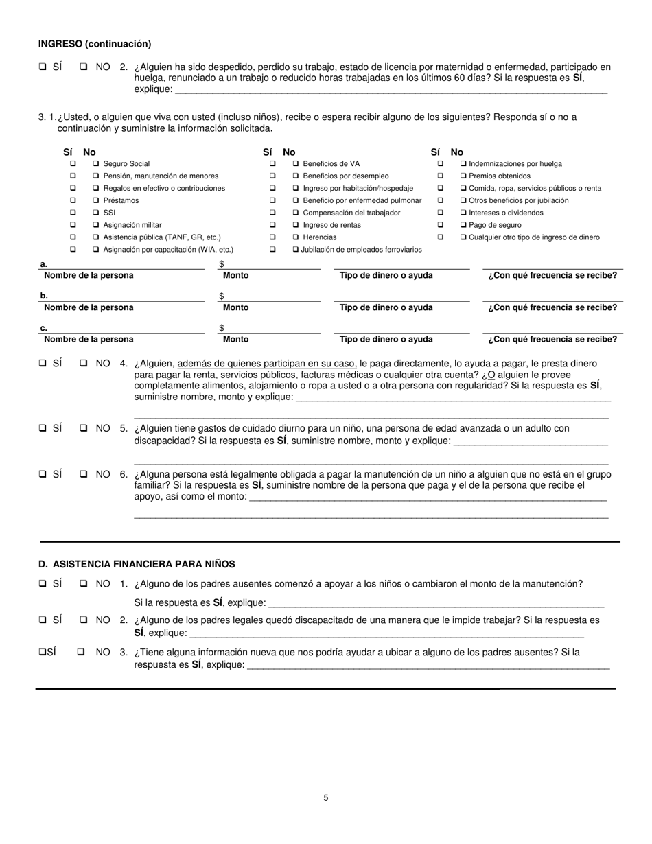 Formulario 032-03-729A-16-SPA Solicitud De Renovacion De Subvencion Auxiliar (Auxiliary Grant, Ag), Programa De Asistencia Nutricional Suplementaria (Supplemental Nutrition Assistance Program, Snap) Y Asistencia Temporal Para Familias Necesitadas (Temporary Assistance for Needy Families, TANF) - Virginia (Spanish), Page 5