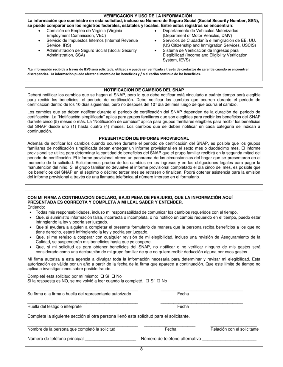 Formulario 032-03-729A-16-SPA Solicitud De Renovacion De Subvencion Auxiliar (Auxiliary Grant, Ag), Programa De Asistencia Nutricional Suplementaria (Supplemental Nutrition Assistance Program, Snap) Y Asistencia Temporal Para Familias Necesitadas (Temporary Assistance for Needy Families, TANF) - Virginia (Spanish), Page 8