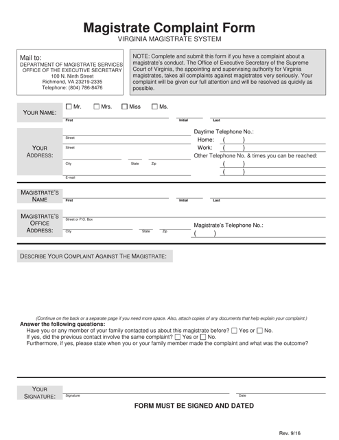 Magistrate Complaint Form - Virginia