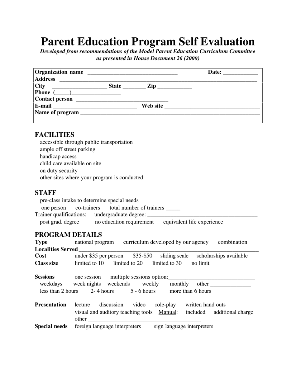 Parent Education Program Self Evaluation Form - Virginia, Page 1