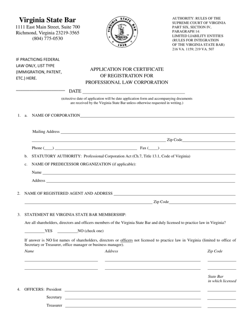 Application for Certificate of Registration for Professional Law Corporation - Virginia Download Pdf