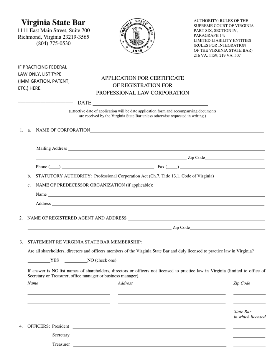 Application for Certificate of Registration for Professional Law Corporation - Virginia, Page 1
