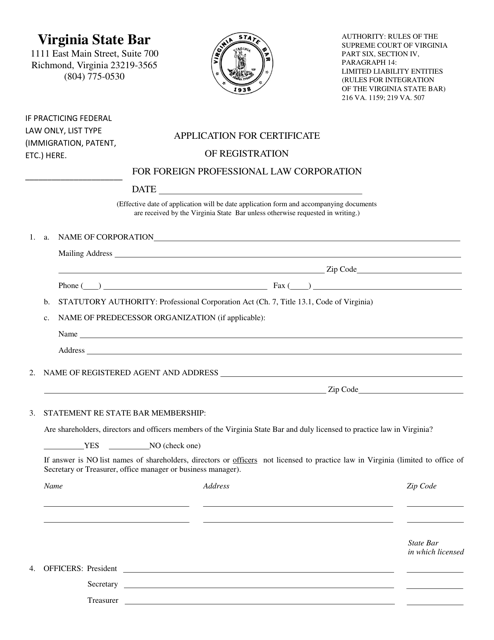 Application for Certificate of Registration for Foreign Professional Law Corporation - Virginia
