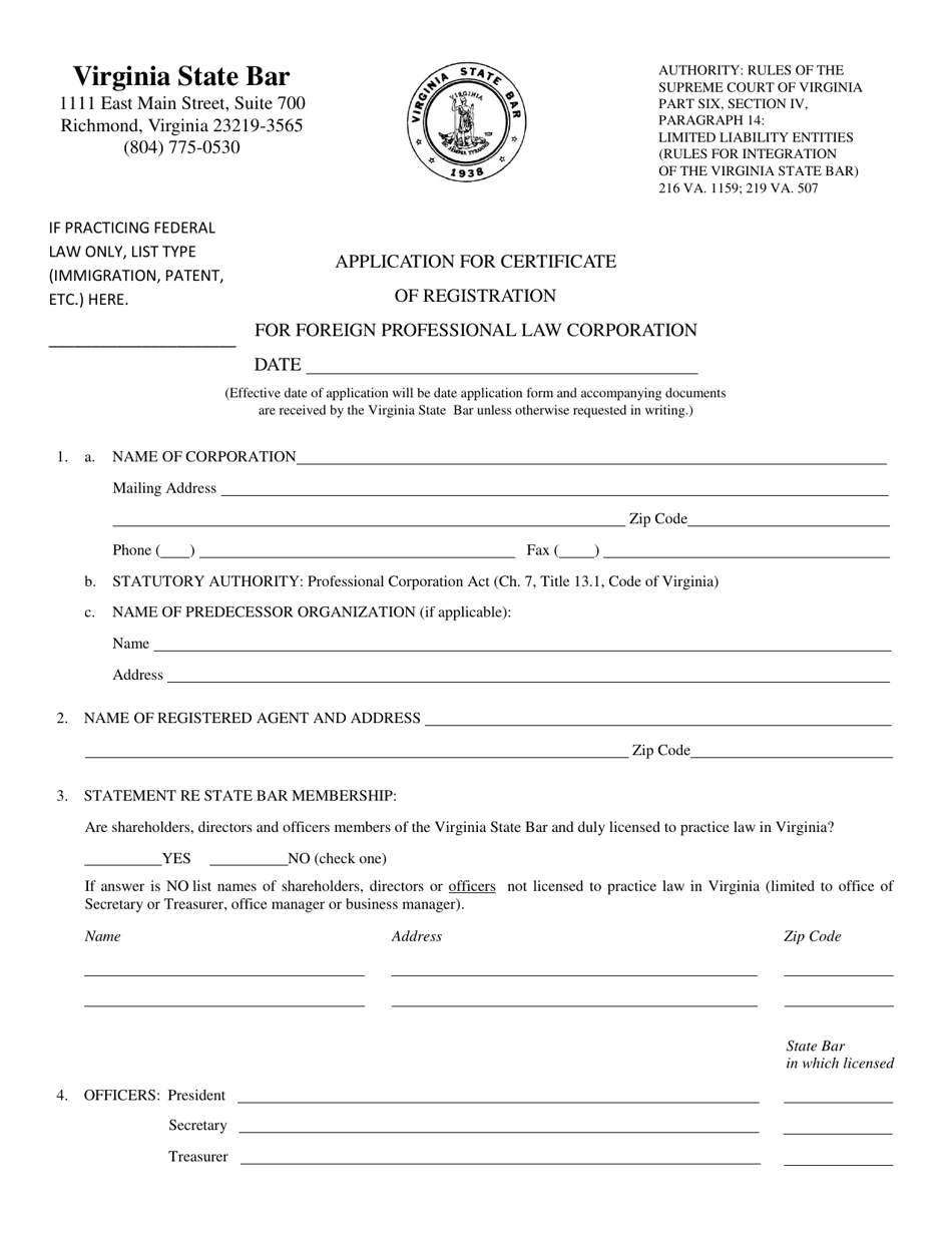 Application for Certificate of Registration for Foreign Professional Law Corporation - Virginia, Page 1