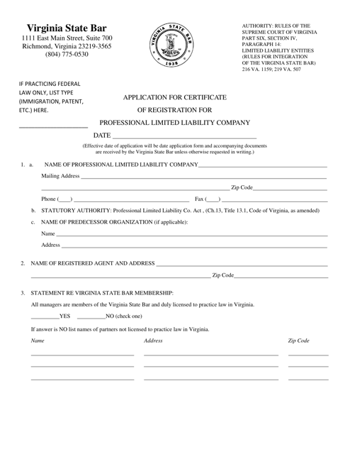 Application for Certificate of Registration for Professional Limited Liability Company - Virginia Download Pdf