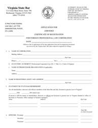 Document preview: Application for Amended Certificate of Registration for Foreign Professional Law Corporation - Virginia