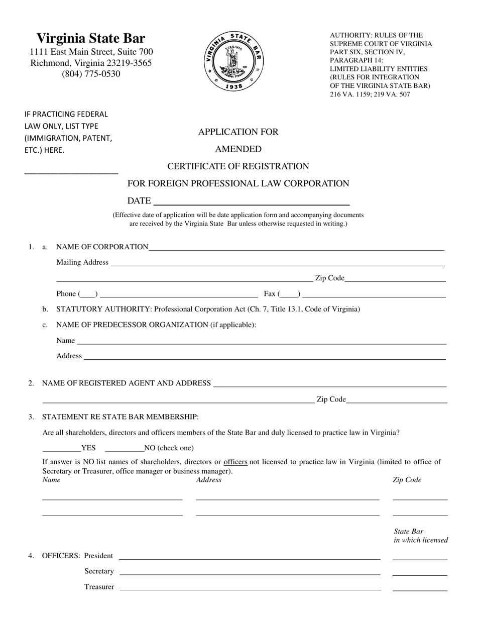 Application for Amended Certificate of Registration for Foreign Professional Law Corporation - Virginia, Page 1