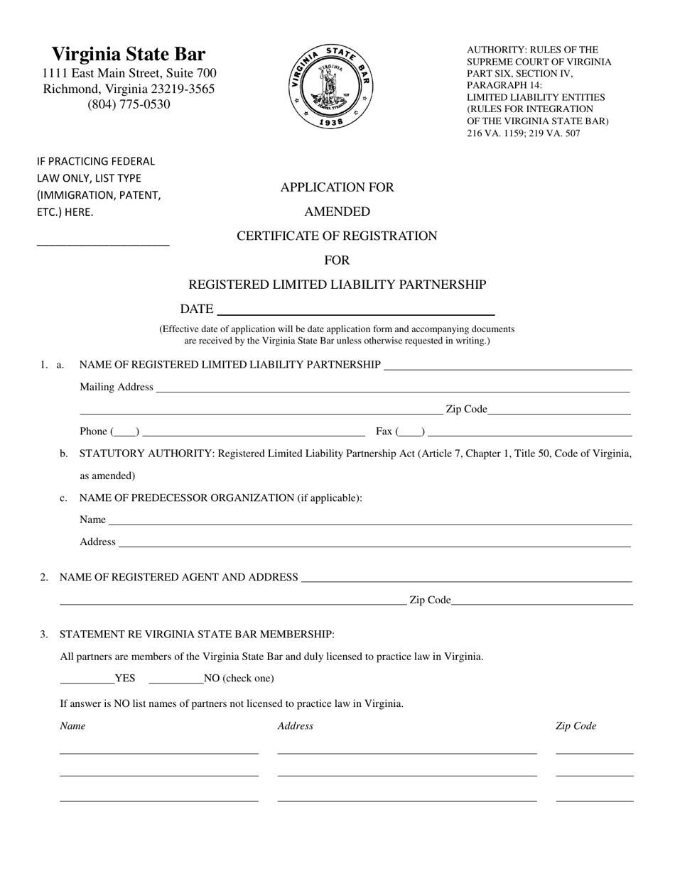 Application for Amended Certificate of Registration for Registered Limited Liability Partnership - Virginia, Page 1