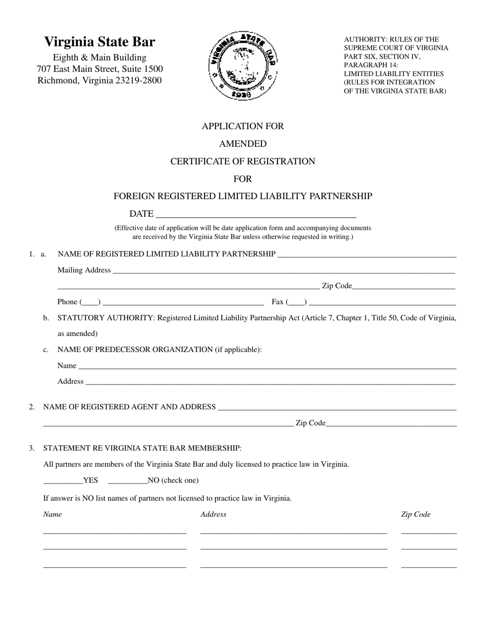Application for Amended Certificate of Registration for Foreign Registered Limited Liability Partnership - Virginia, Page 1