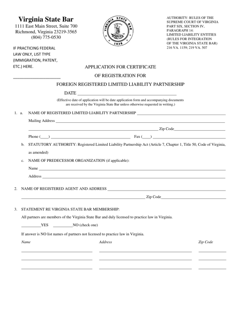 Application for Certificate of Registration for Foreign Registered Limited Liability Partnership - Virginia Download Pdf