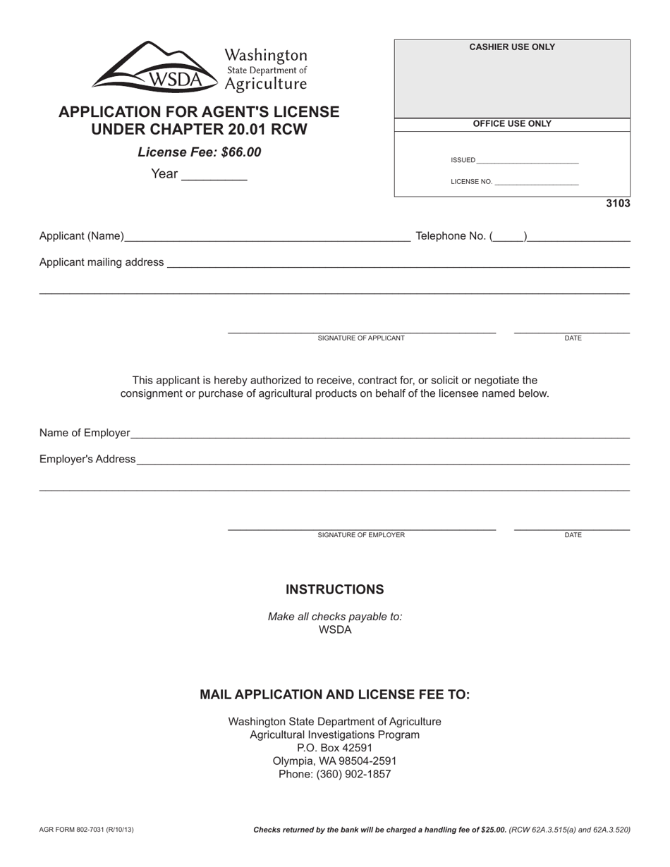 AGR Form 802-7031 Application for Agents License Under Chapter 20.01 Rcw - Washington, Page 1