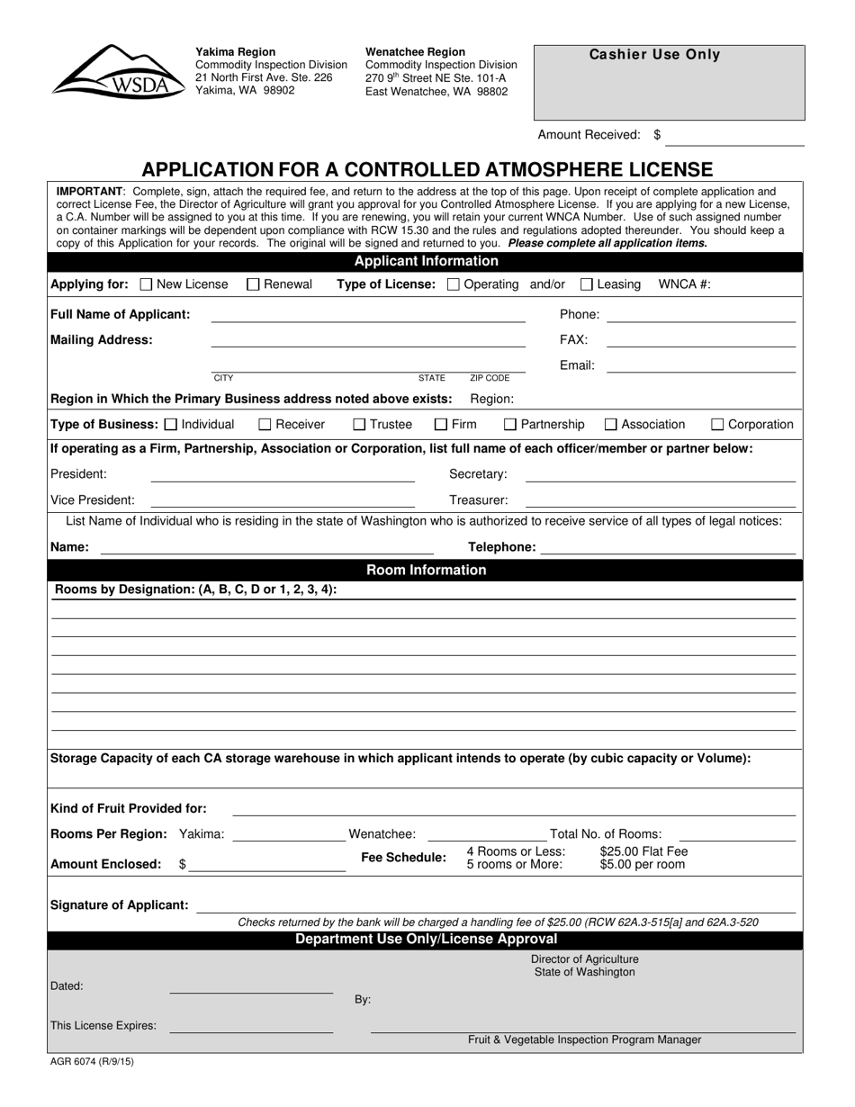 AGR Form 6074 Application for a Controlled Atmosphere License - Washington, Page 1