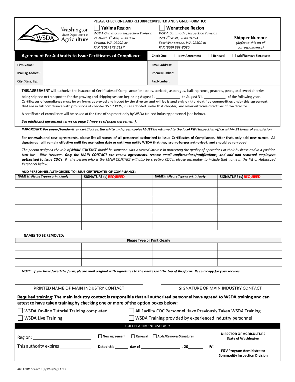 AGR Form 502-6019 Agreement for Authority to Issue Certificates of Compliance - Washington, Page 1