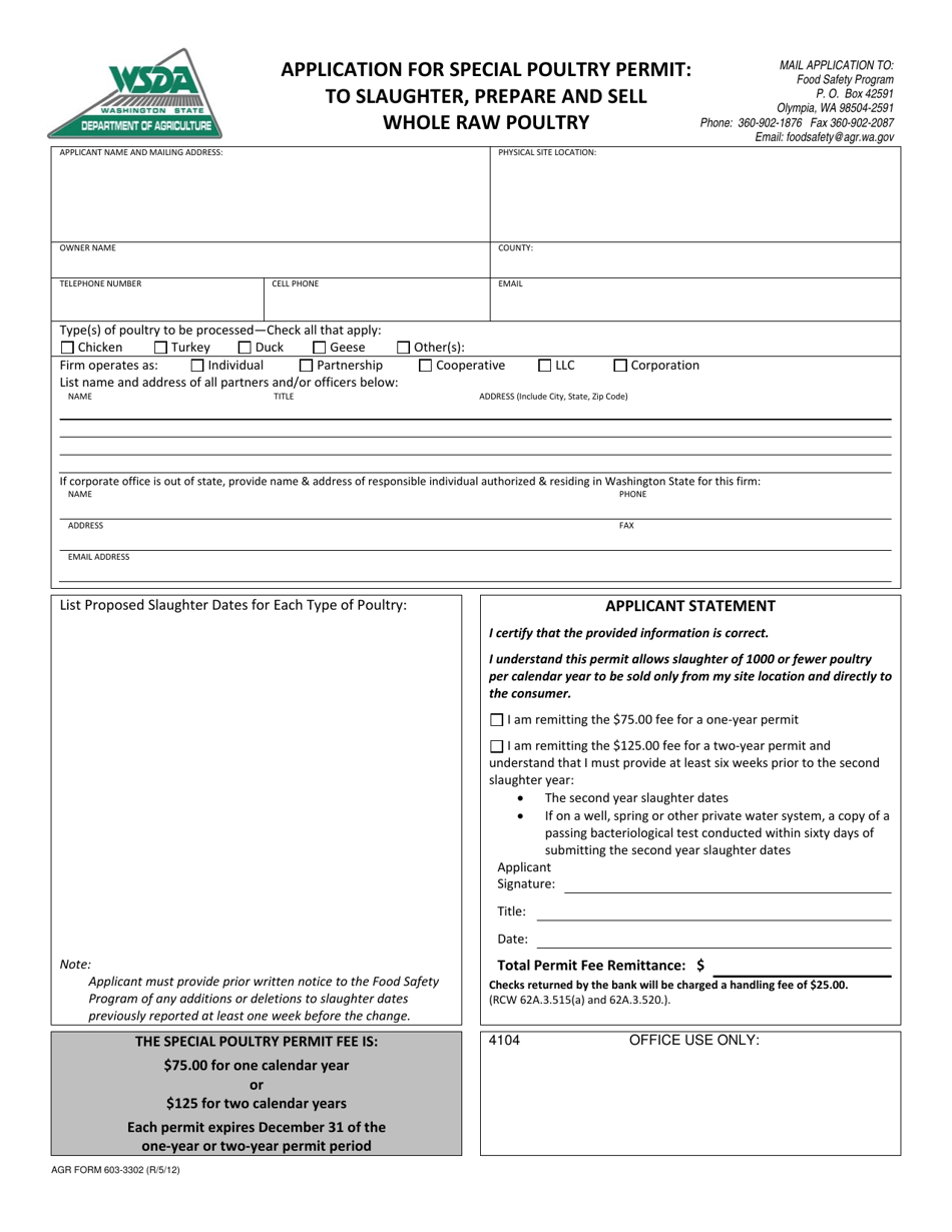 AGR Form 603-3302 Application for Special Poultry Permit: to Slaughter, Prepare and Sell Whole Raw Poultry - Washington, Page 1