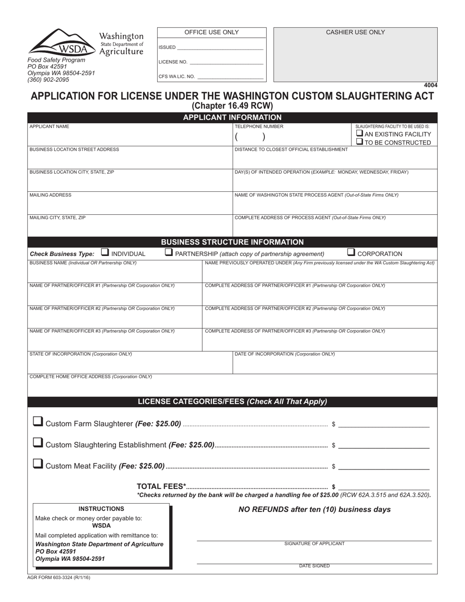 AGR Form 603-3324 Application for License Under the Washington Custom Slaughtering Act - Washington, Page 1