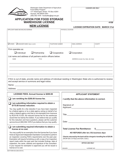 AGR Form 603-2060 Application for Food Storage Warehouse License - Washington