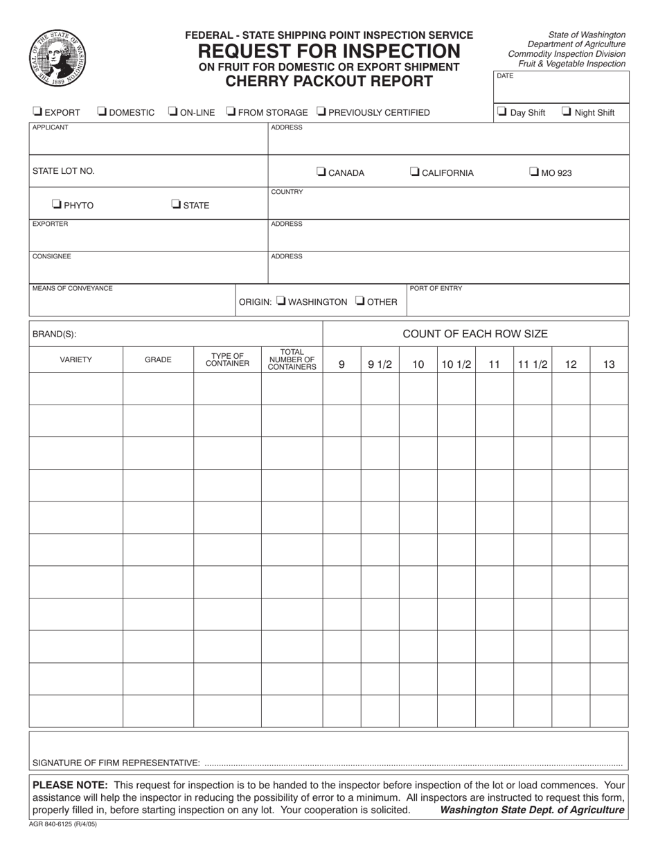 AGR Form 840-6125 Request for Inspection on Fruit for Domestic or Export Shipment Cherry Packout Report - Washington, Page 1