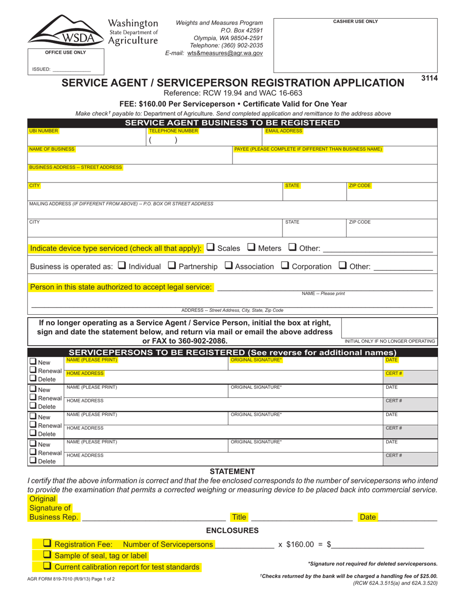 AGR Form 819-7010 Service Agent / Serviceperson Registration Application - Washington, Page 1