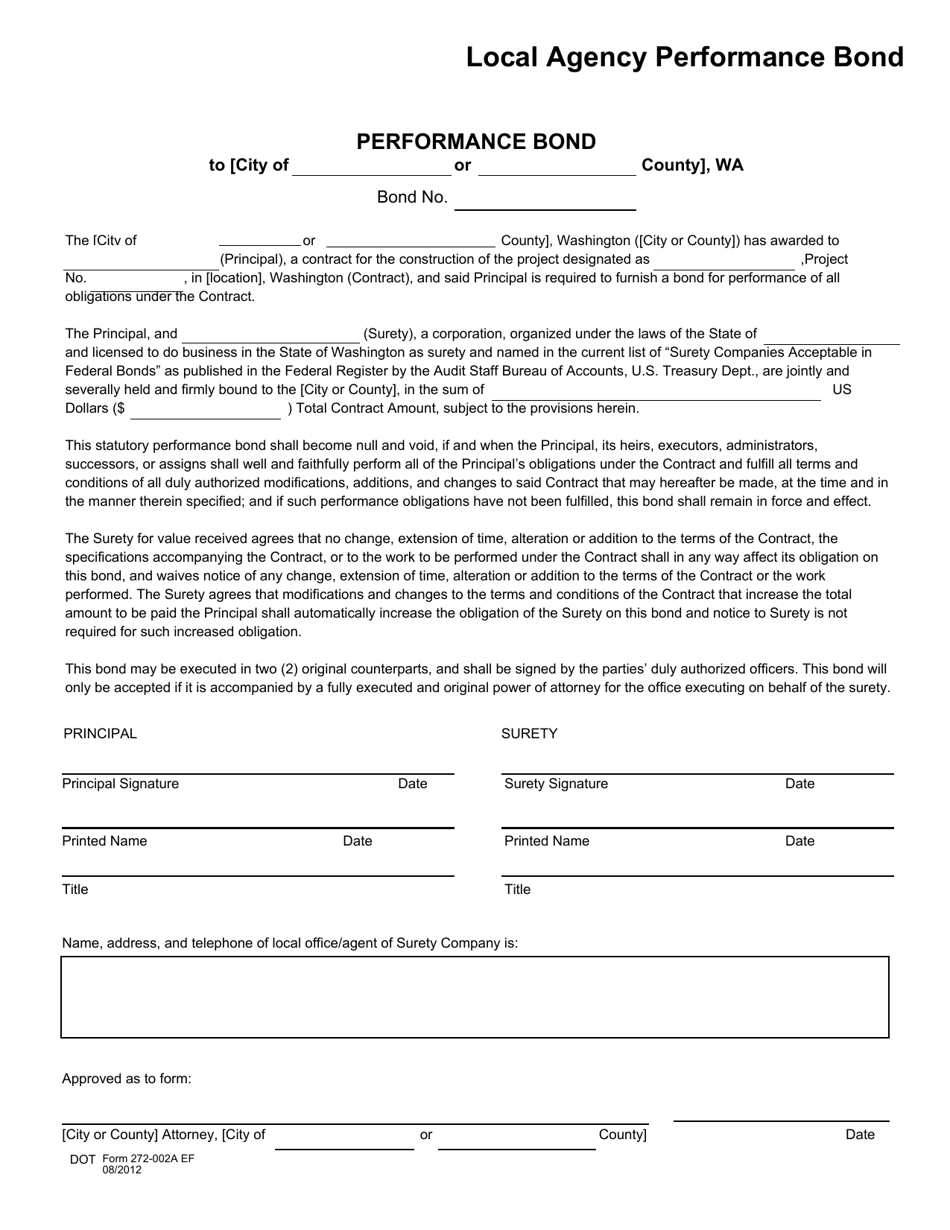 DOT Form 272-002A Local Agency Performance Bond - Washington, Page 1