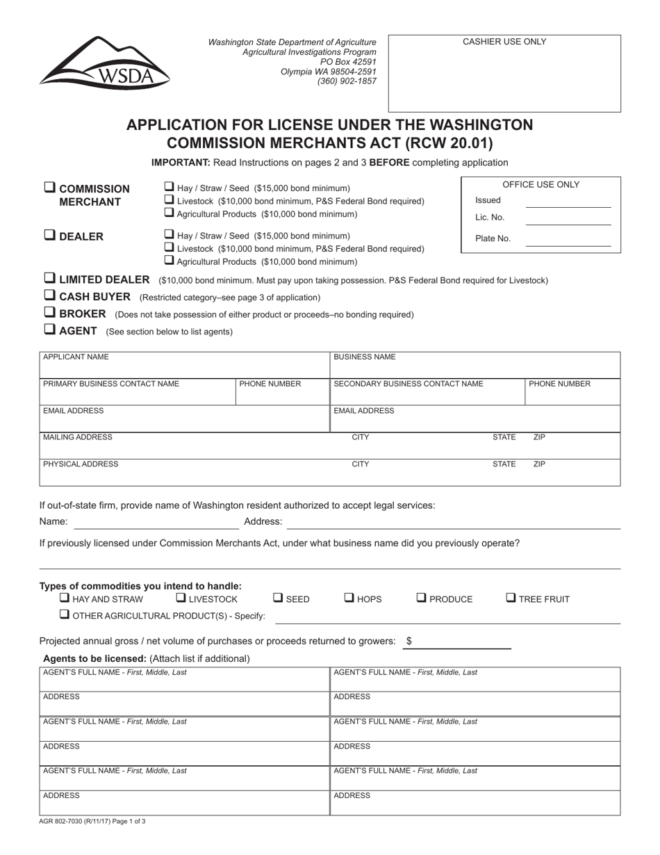 AGR Form 802-7030 Application for License Under the Washington Commission Merchants Act (Rcw 20.01) - Washington, Page 1