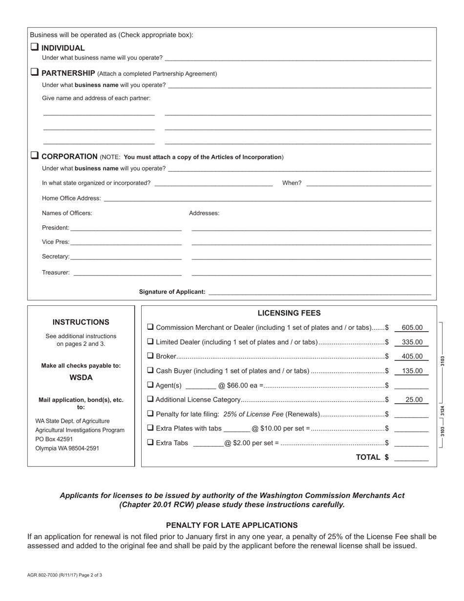 AGR Form 802-7030 Application for License Under the Washington Commission Merchants Act (Rcw 20.01) - Washington, Page 2
