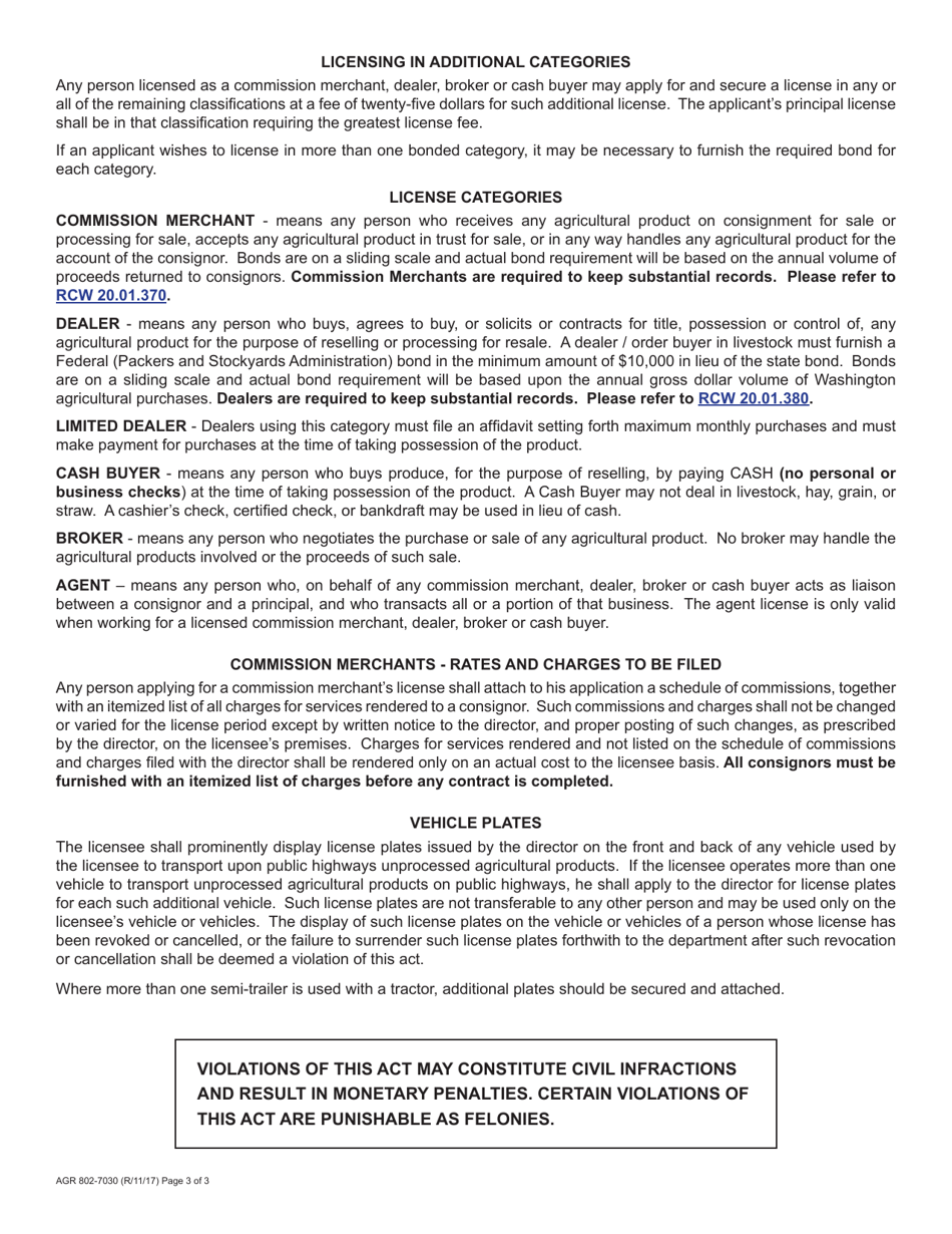 AGR Form 802-7030 Application for License Under the Washington Commission Merchants Act (Rcw 20.01) - Washington, Page 3