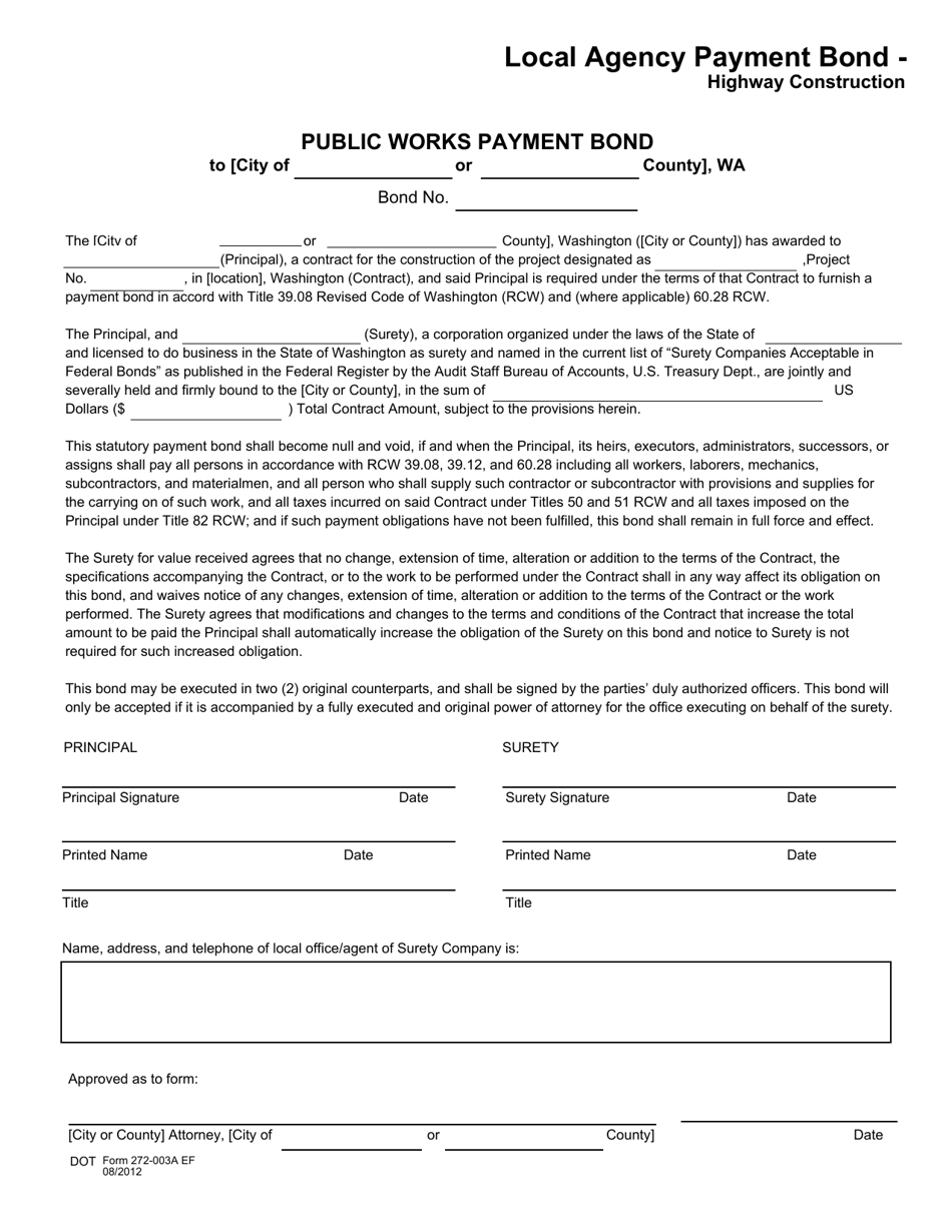DOT Form 272-003A Local Agency Payment Bond - Highway Construction - Washington, Page 1