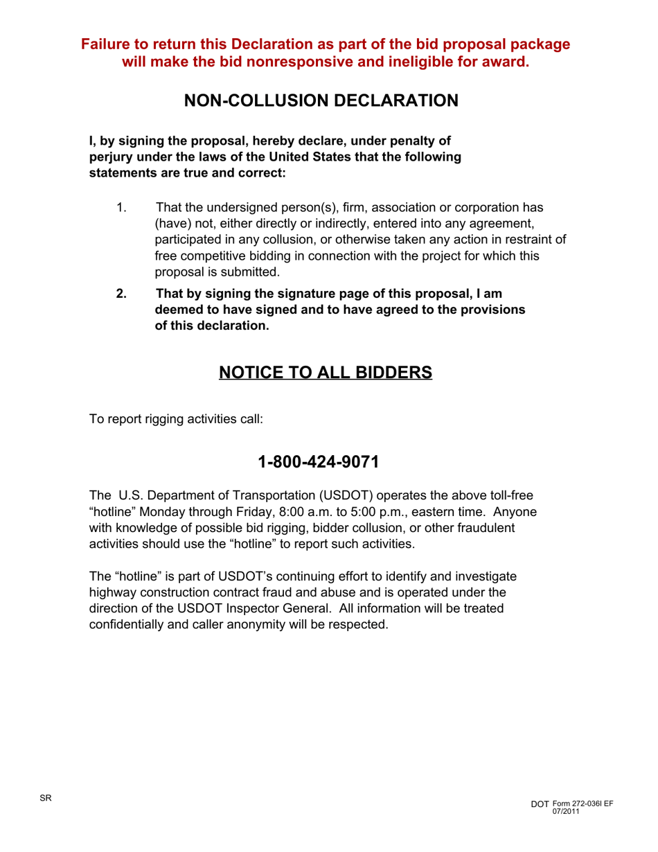 DOT Form 272-036I Non-collusion Declaration - Washington, Page 1