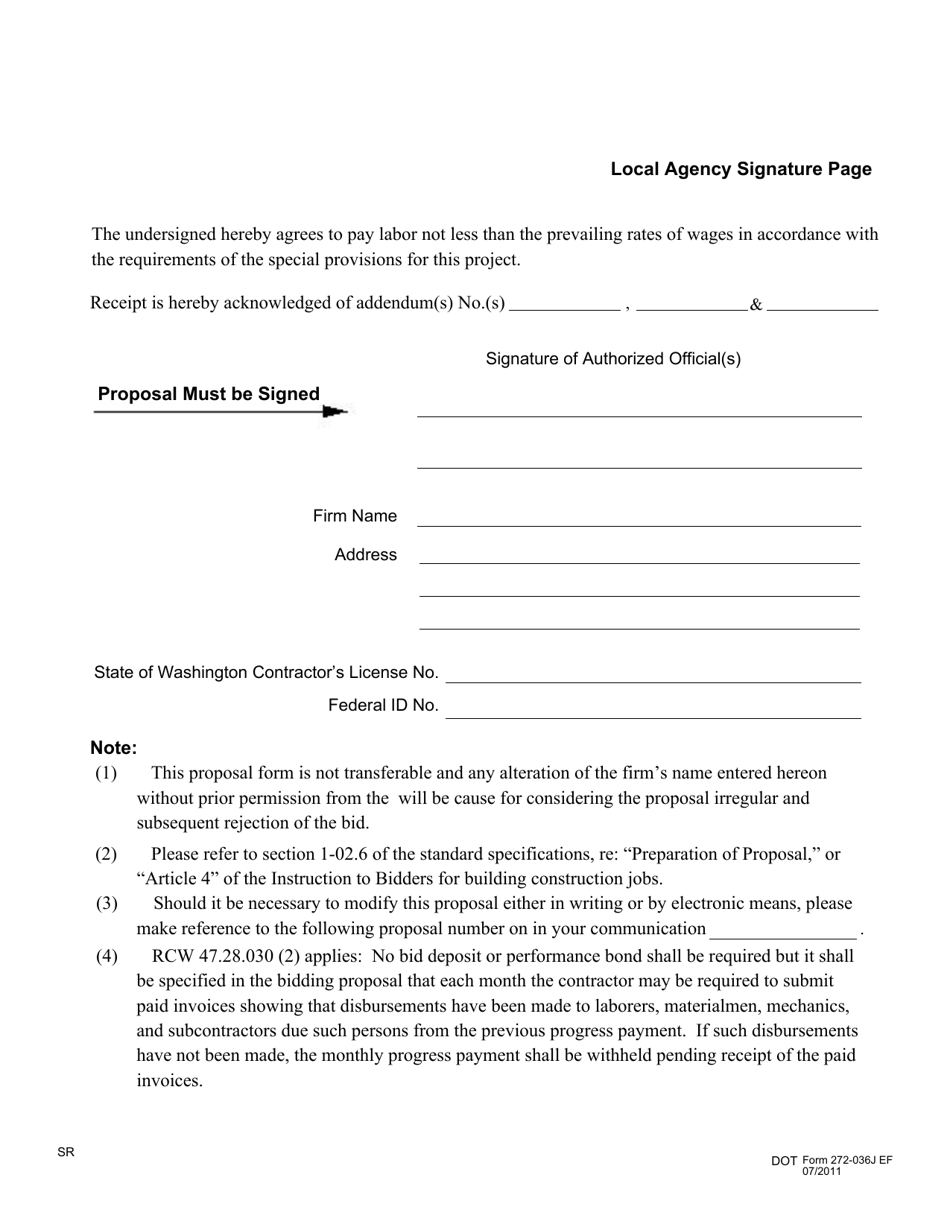 DOT Form 272-036J Local Agency Region Ad and Award Contract Proposal - Signature Page - Washington, Page 1