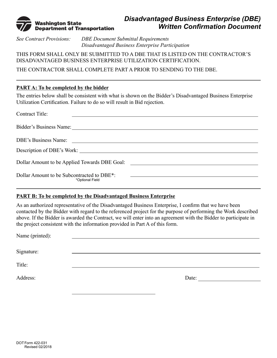 DOT Form 422-031 Disadvantaged Business Enterprise (Dbe) Written Confirmation Document - Washington, Page 1