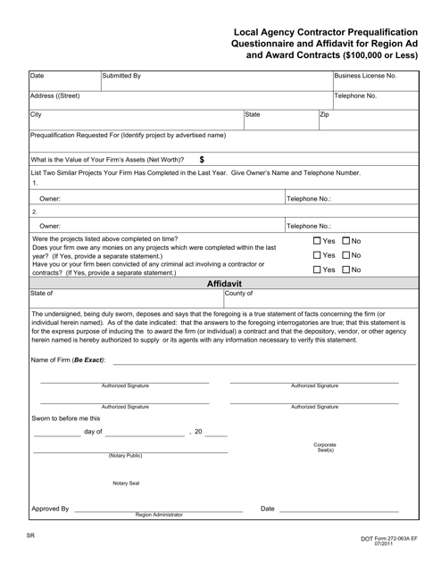 DOT Form 272-063A Local Agency Contractor Prequalification Questionnaire and Affidavit for Region Ad and Award Contracts (100,000 or Less) - Washington