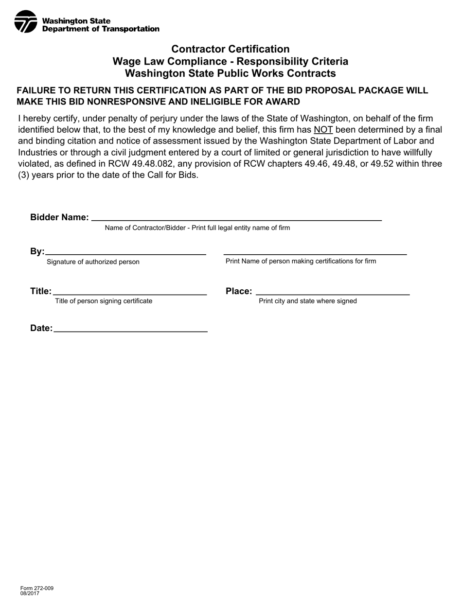 DOT Form 272-009 Contractor Certification - Wage Law Compliance - Responsibility Criteria - Washington, Page 1