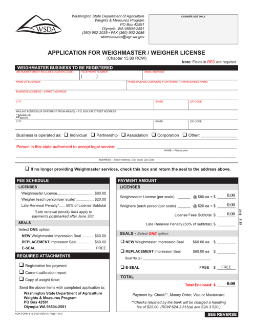 AGR Form 819-2400 Application for Weighmaster/Weigher License - Washington