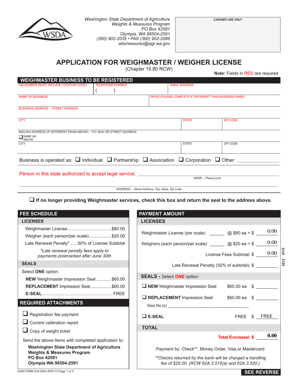 AGR Form 819-2400 Application for Weighmaster / Weigher License - Washington, Page 1
