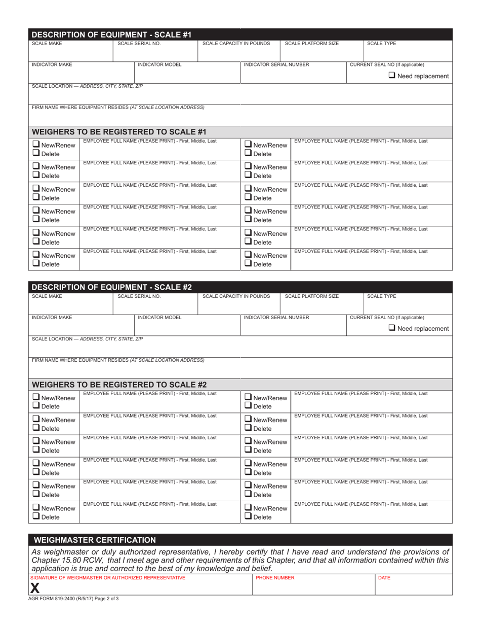 AGR Form 819-2400 Application for Weighmaster / Weigher License - Washington, Page 2