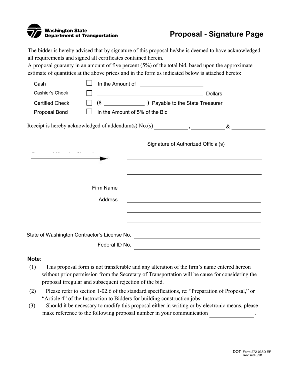 DOT Form 272-036D Proposal - Signature Page - Washington, Page 1