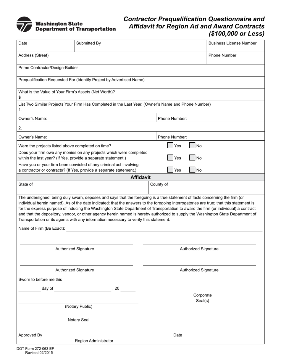DOT Form 272-063 Contractor Prequalification Questionnaire and Affidavit for Region Ad and Award Contracts ($100,000 or Less) - Washington, Page 1