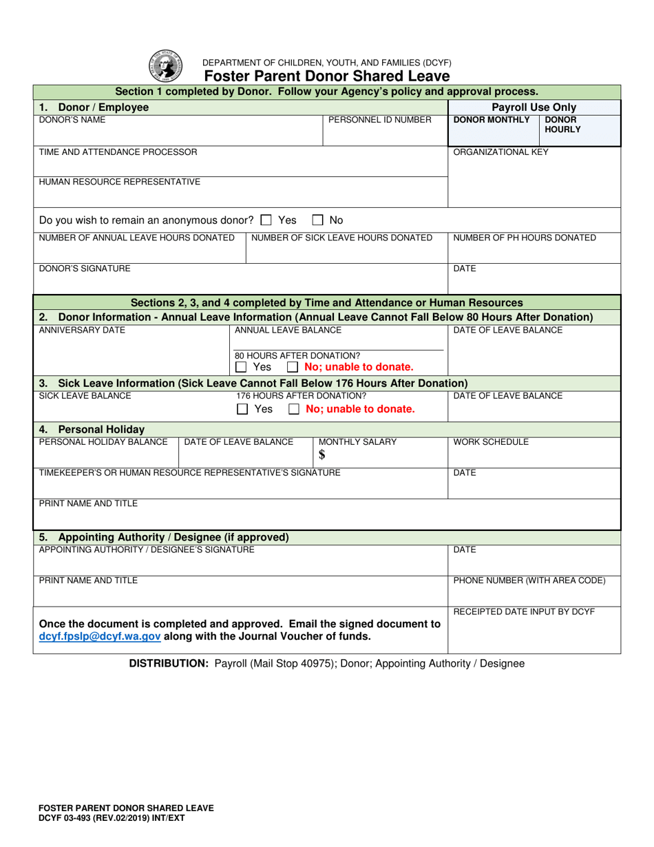 DCYF Form 03-493 Foster Parent Donor Shared Leave - Washington, Page 1