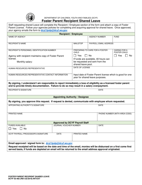 DCYF Form 03-492 Foster Parent Recipient Shared Leave - Washington