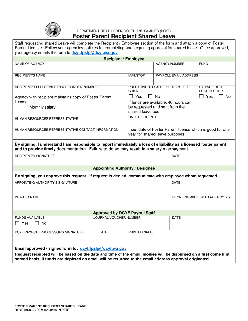 DCYF Form 03-492 Foster Parent Recipient Shared Leave - Washington, Page 1