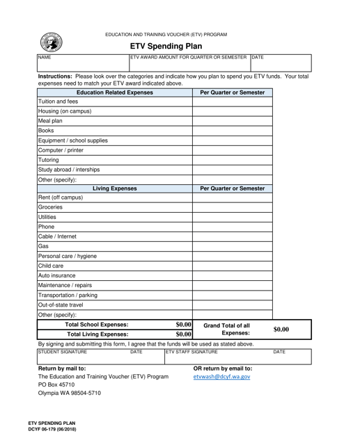 DCYF Form 06-179 Etv Spending Plan - Washington
