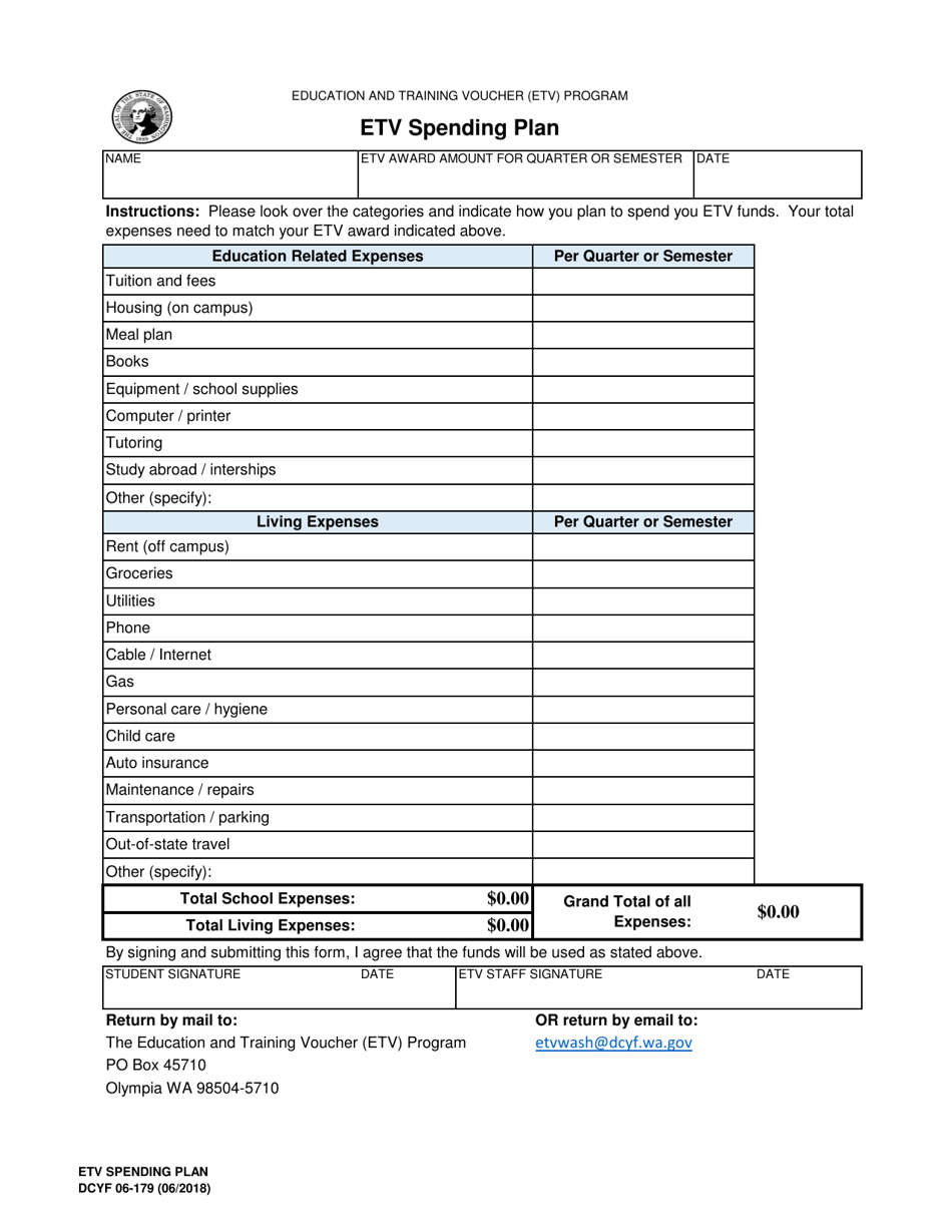 DCYF Form 06-179 Etv Spending Plan - Washington, Page 1