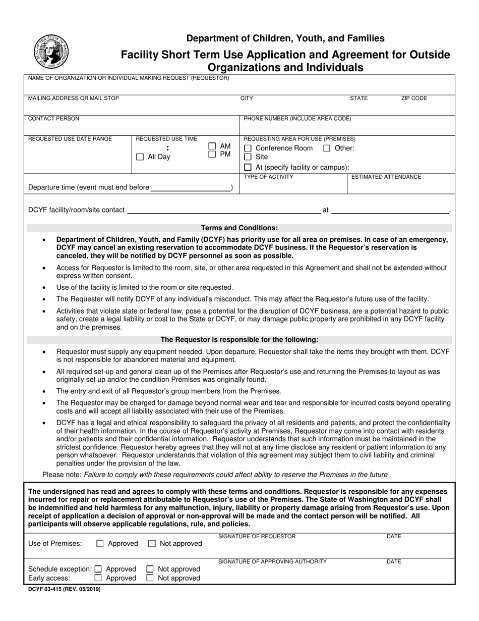 DCYF Form 03-415 Facility Short Term Use Application and Agreement for Outside Organizations and Individuals - Washington, Page 1