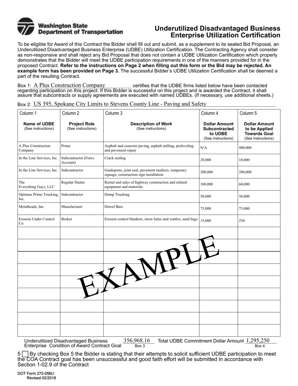 DOT Form 272-056U Underutilized Disadvantaged Business Enterprise Utilization Certification - Washington, Page 3